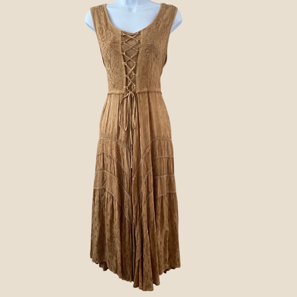 Scully Lace Up Midi Dress Large Tan Fairycore Forest Fairy Renaissance Faire